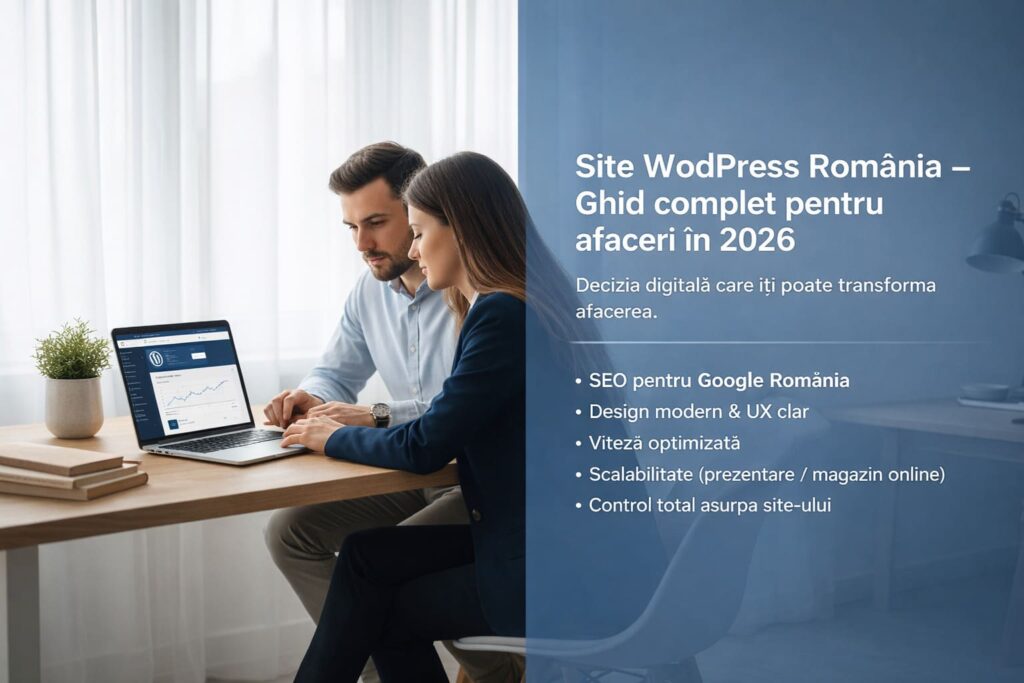 Site WordPress România – cuplu antreprenori analizând un website WordPress într-un birou modern, exemplu de site optimizat SEO pentru afaceri în 2026