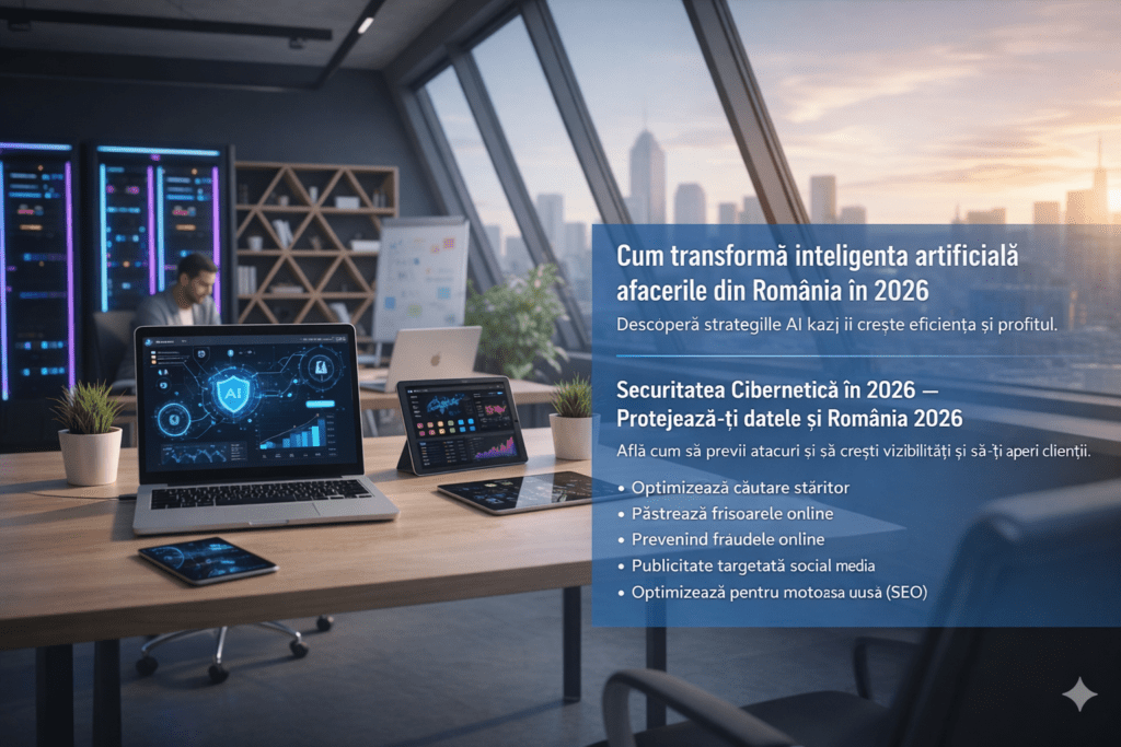 Website pentru afaceri în 2026 – birou modern high-tech cu laptop afișând analiză AI și strategii digitale pentru creșterea vizibilității și securității online.