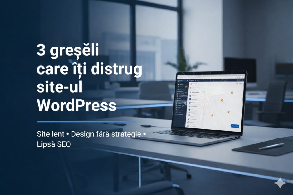 Greșeli site WordPress, 3 greșeli care îți distrug site-ul WordPress – site lent, design fără strategie și lipsă SEO ilustrate pe laptop într-un birou modern