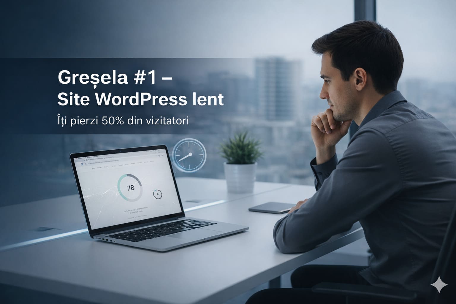 Greșeala site WordPress lent – laptop cu website care se încarcă greu și pierdere de 50% din vizitatori