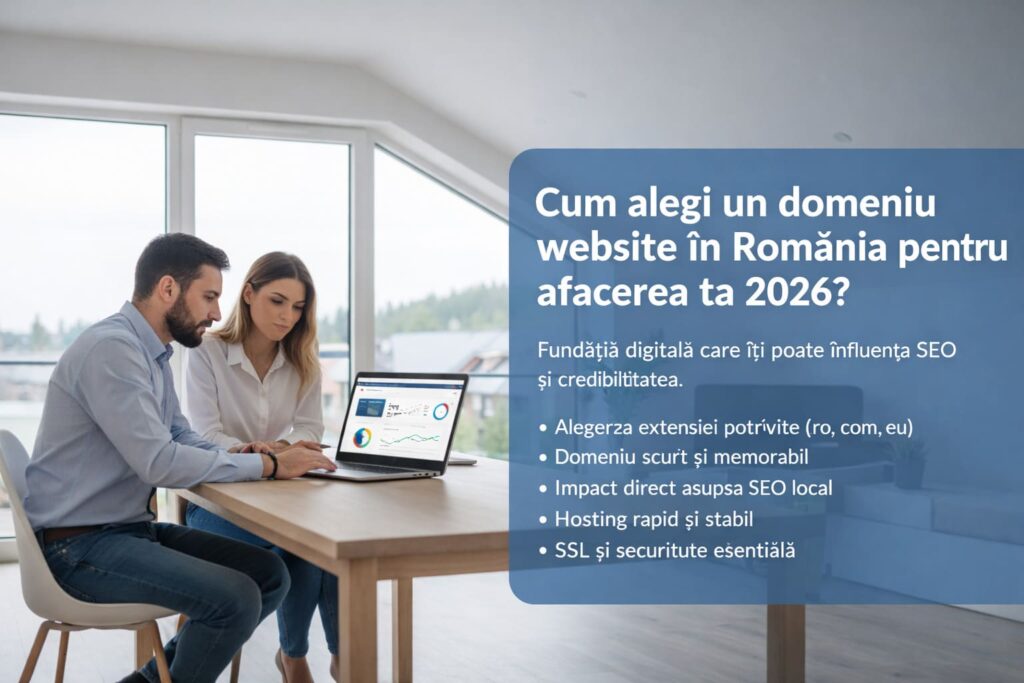 Domeniu website România – cuplu antreprenori analizând alegerea unui domeniu și hosting pentru afacere într-un birou modern acasă