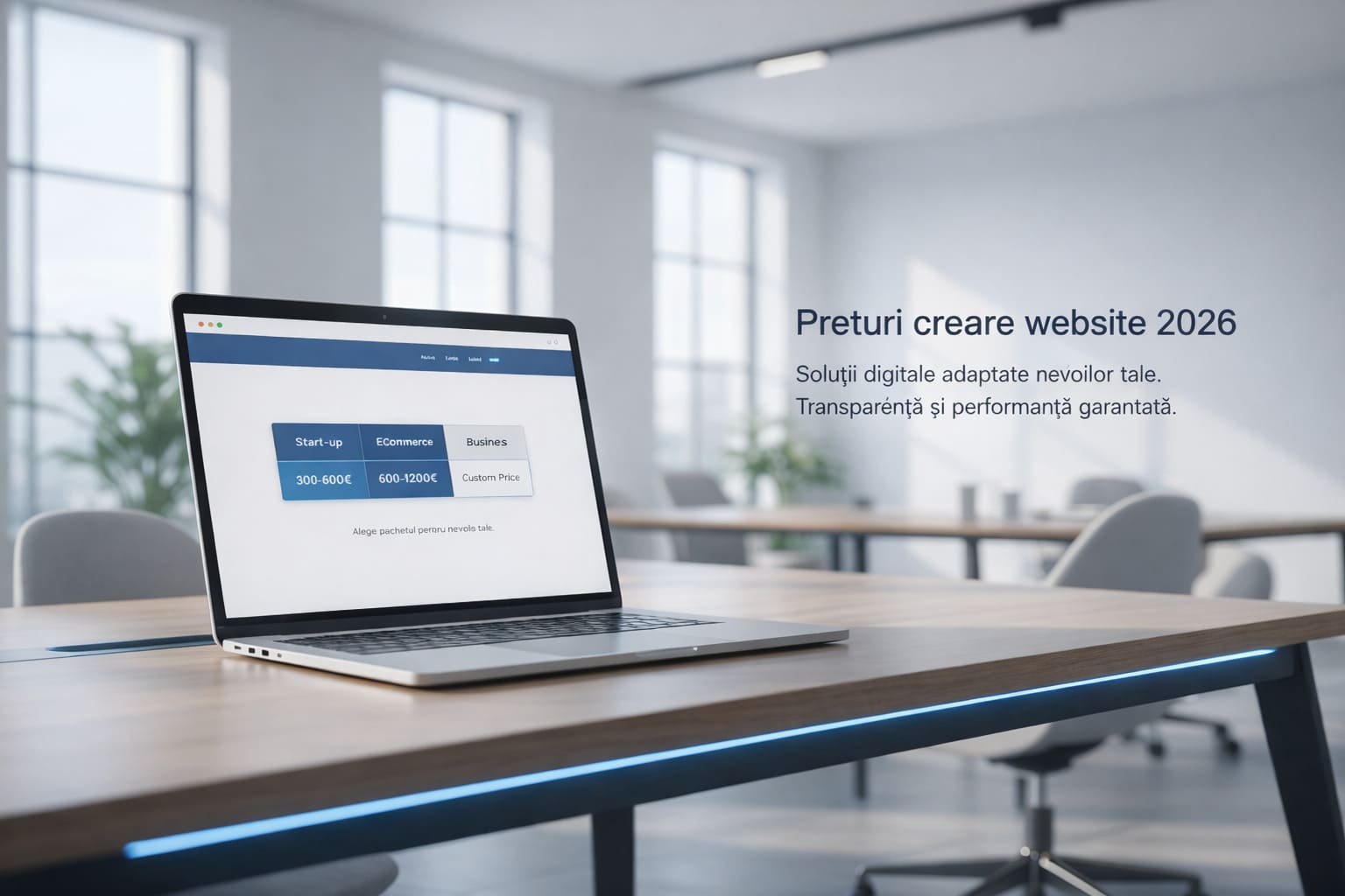 returi creare website 2026 – imagine hero cu laptop și pachete web design pentru site de prezentare și magazin online.