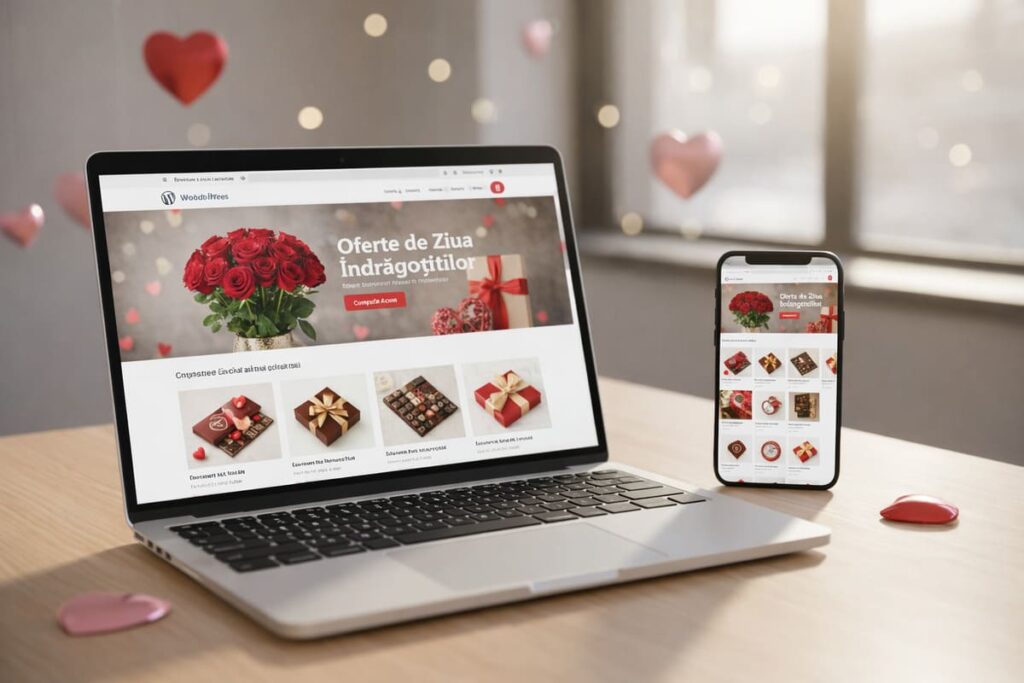 Laptop și telefon mobil afișând un site WordPress cu oferte de Ziua Îndrăgostiților, magazin online cu trandafiri roșii, cadouri și buton Cumpără Acum. creare site WordPress România