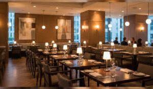 Interior restaurant elegant cu masă aranjată, lumini ambientale calde și atmosferă premium pentru prezentare site WordPress restaurante